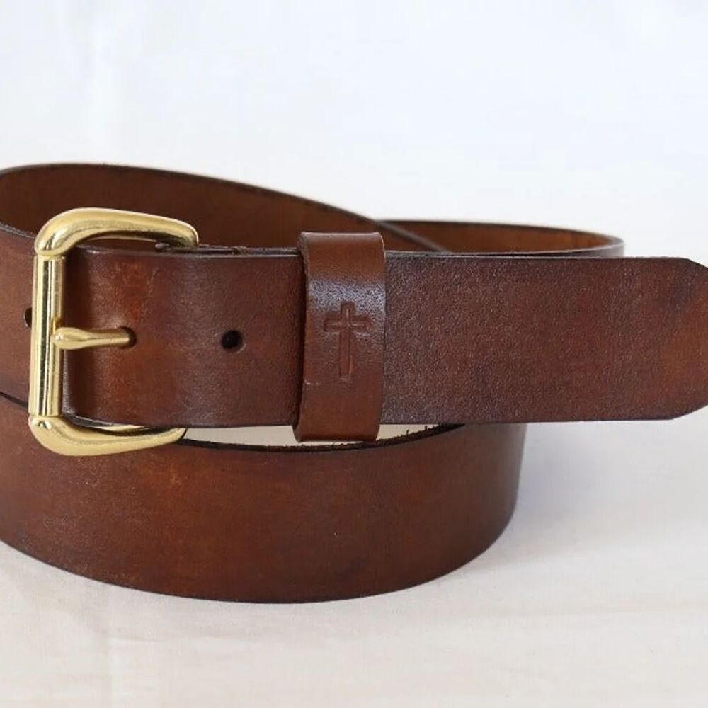 37" Handmade leather belt 100% cowhide brown plain embossed cross full grain T